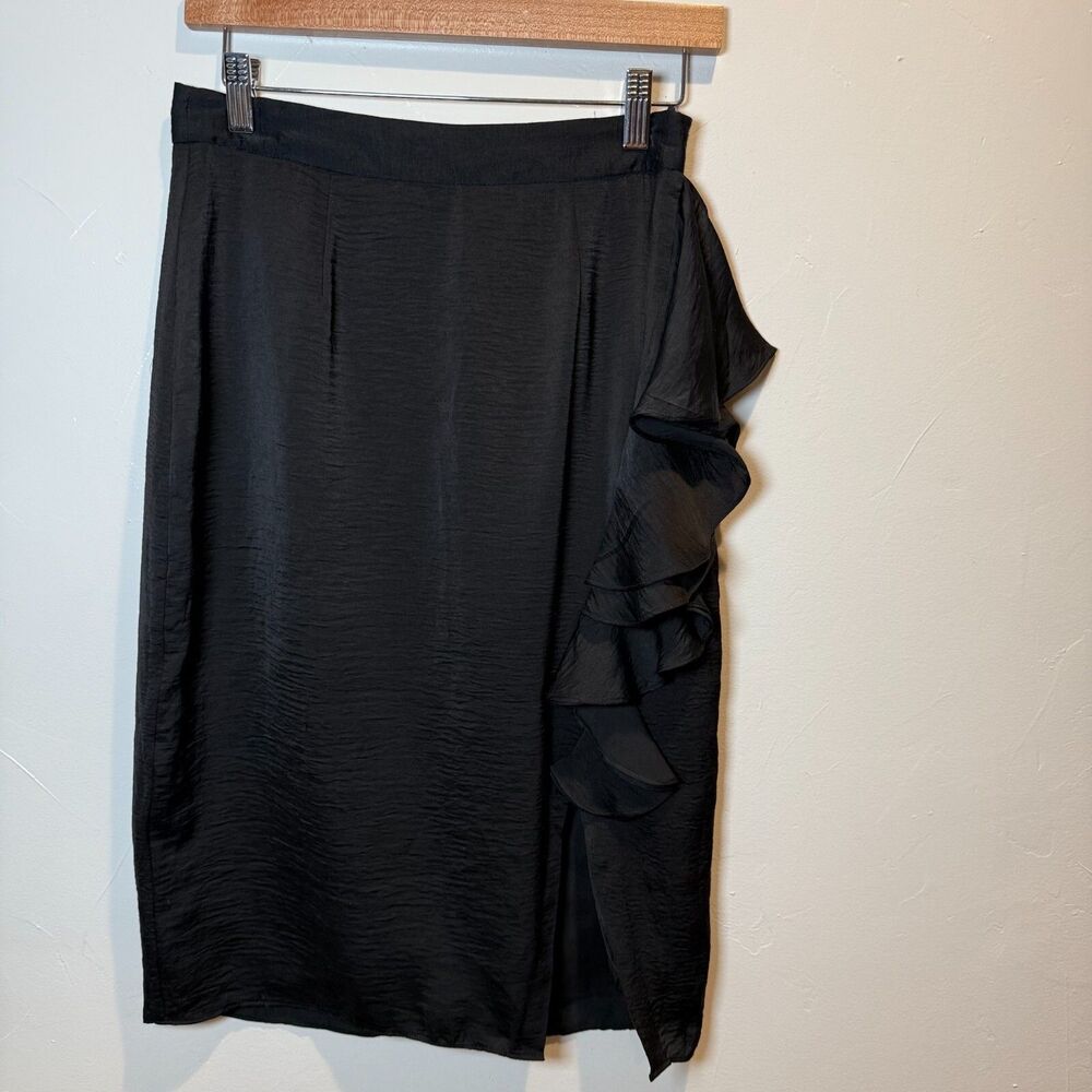 Belle Badgley Mischka Skirt Black Ruffle High Waist Pencil Skirt Size 4 *TEAR*